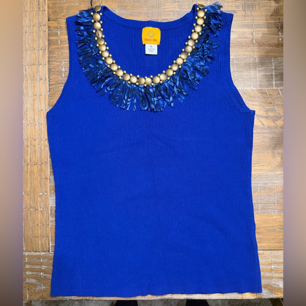 Blue Sleeveless Top with Beaded Neck line